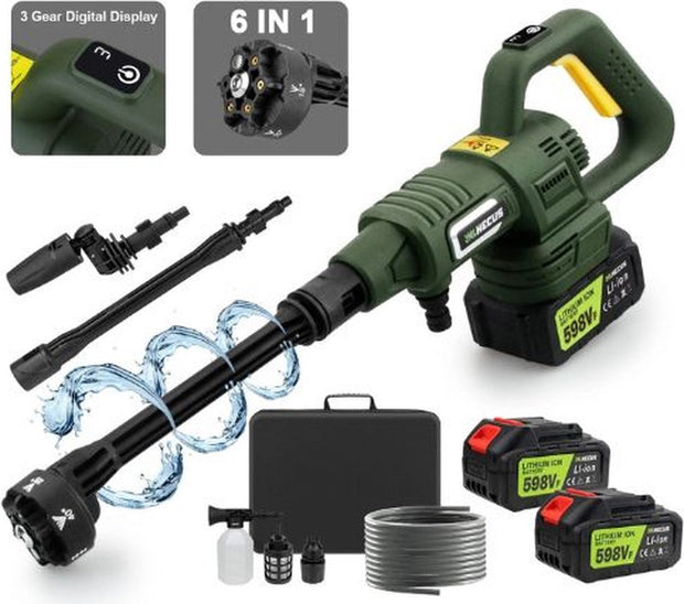 Auto Was Pistool - Hoge Drukspuit - Drukspuit - Professioneel - Met Display - Met Accessoires - 200Bar - 3 Modus - 6 In 1 - Groen - 2x Accu - Met Opbergtas