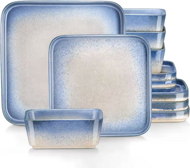 Dinnerware set white/blue - Ceramic - Square - Nevel - 4 large plates - 4 small plates - 4 bowls - 12 pieces - White - Blue