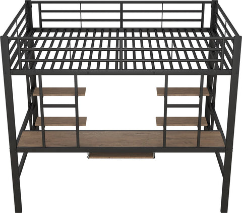 Kinderbed - Zonder Matras - Zonder Stoel - Metalen Bedframe met Bureau en Twee Boekenplanken - Geschikt voor Kinderen - Tieners en Volwassenen - 140x200 cm - Zwart