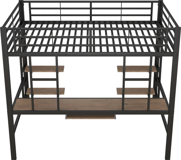 Kinderbed - Zonder Matras - Zonder Stoel - Metalen Bedframe met Bureau en Twee Boekenplanken - Geschikt voor Kinderen - Tieners en Volwassenen - 140x200 cm - Zwart