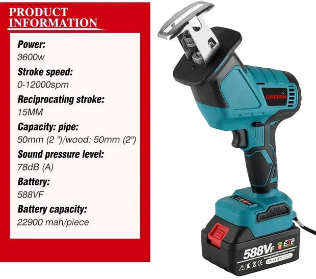 Reciprozaag - Recipro Zaag - Elektrische Recipro Zaag - Met Opbergkoffer - Inclusief: 2x Accu, Oplader & 4x Zaag - Lock/Switch - Makkelijk Verwisselbaar -Blauw