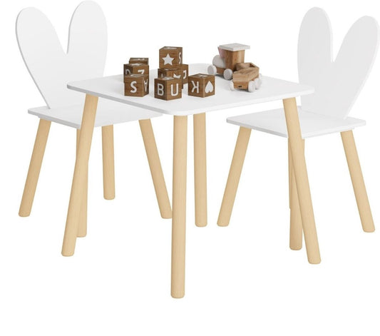 Kindertafelset met stoelen - Activiteitentafel voor kinderen - Creatieve speelset - Veilig en duurzaam - Met rugleuningen in de vorm van konijnenoren - Ideaal voor kinderkamers en babykamers - Witte tafel en 2 stoelenset - Konijnentafelset
