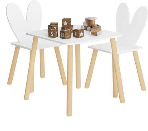 Kindertafelset met stoelen - Activiteitentafel voor kinderen - Creatieve speelset - Veilig en duurzaam - Met rugleuningen in de vorm van konijnenoren - Ideaal voor kinderkamers en babykamers - Witte tafel en 2 stoelenset - Konijnentafelset