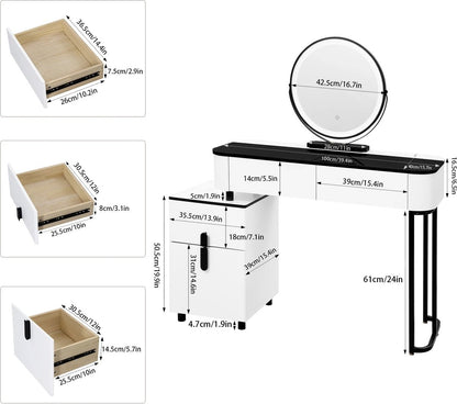 Dressing table - Make up table - Dressing table - Round mirror with LED lighting - Lots of storage space - Black and white - Drawers - Cabinets - 100cm surface - Girls - Women - Multiple configurations possible