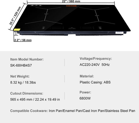 Inductiekookplaat - 6800W - 4 Kookzones - Touchscreen met 9 Verwarmingsniveaus - Geschikt voor Professionele Keukens en Huishoudens - Zonder Stekker - Zwart