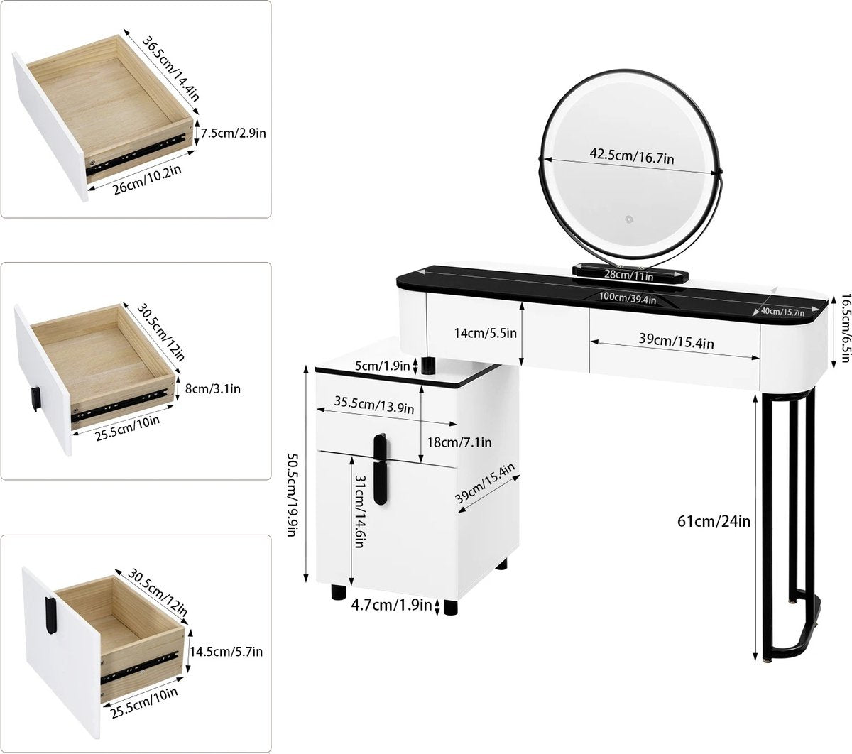 Dressing table - Make up table - Dressing table - Round mirror with LED lighting - Lots of storage space - Black and white - Drawers - Cabinets - 100cm surface - Girls - Women - Multiple configurations possible