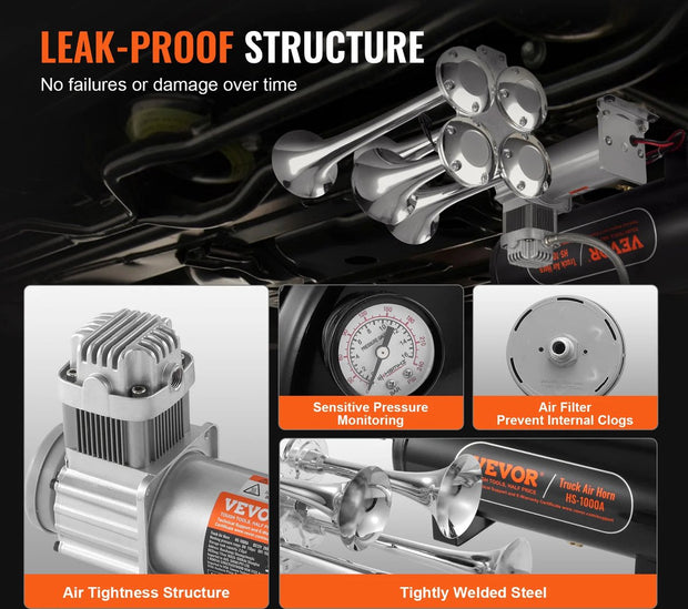 Hoorn Claxon - 4 Stuks - Luchthoorn - 12 Volt - Met Compressor - 150DB - Zwart