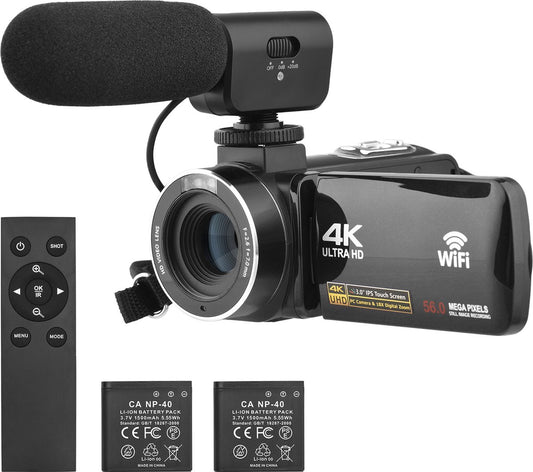 4K Ultra HD - Handycam Camcorder - 2 in 1 Set met Externe Microfoon - 42 Megapixels - HD digitale camera 18X Digitale Zoom - 3,0 inch Scherm met Flitser - Inclusief 2 Batterijen en Afstandsbediening - met 3 partners Auronic Statief