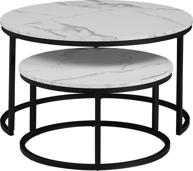 Salontafel - Set van 2 - 80x60 cm - Zwart - Ronde Salontafel - Marmer Blad - IJzeren Onderstel - Salontafel Rond - Salontafels