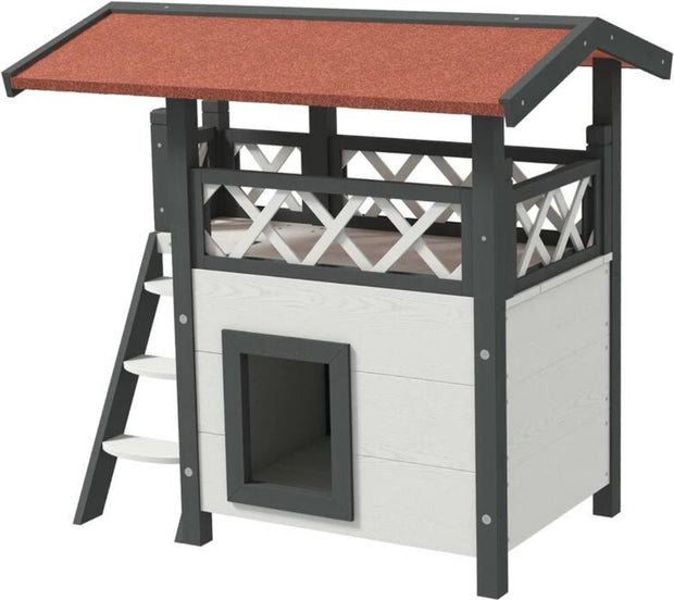 Kattenhuis - voor Buiten – Duurzaam Houten Hok - met 2 Verdiepingen – Ruime Kooi - Bench en Ren – Weerbestendig en Comfortabel – Wit