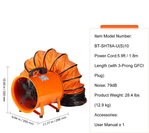 Bouwventilatoren - Bouwventilator Blower - 481 L/S - IndustriëLe Ventilator - 145W AC - Axiaalventilator Met 10 M Slang - Voor Magazijnen - Bouwplaatsen - Fabrieken - Kelders, Keukens - Oranje