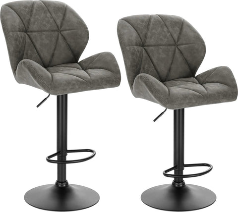 Set van 2 grijze leren barkrukken – Verstelbare barkrukken met rugleuning – Gaslift keukenkrukken – Zwarte metalen voet – Zithoogte 60–82 cm