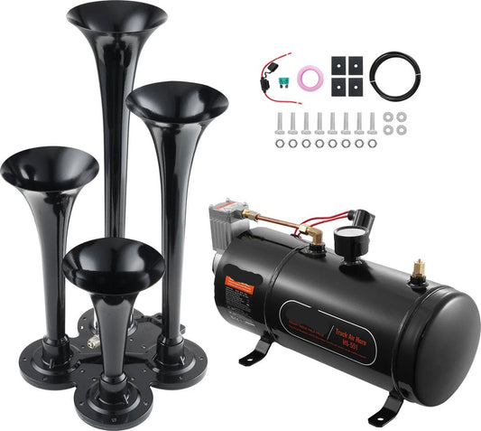 Horn Klaxon - 4 Pieces - Air Horn - 12 Volt - With Compressor - 150DB - Black
