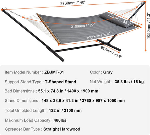 Hangmat met Standaard - Stalen kettingen - Grijs verdikt doek met Kussen - 2 Persoons - 376x105x140cm - Max 210kg