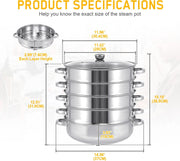 Professionele Stoompan - 5 lagen - Stoomkoker - Ø30cm - Topkwaliteit - RVS - Glazen deksel - Inductie Gas Elektrisch