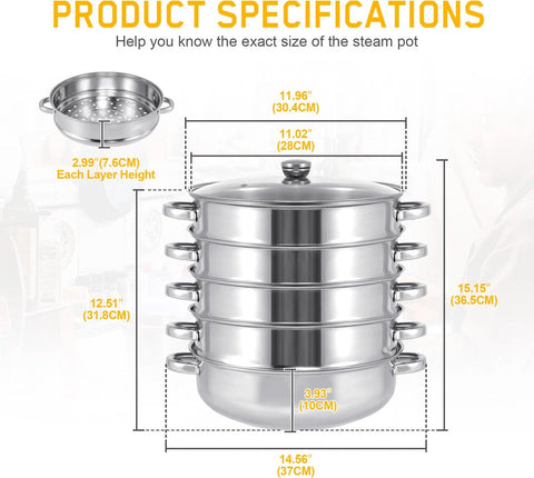 Professionele Stoompan - 5 lagen - Stoomkoker - Ø30cm - Topkwaliteit - RVS - Glazen deksel - Inductie Gas Elektrisch