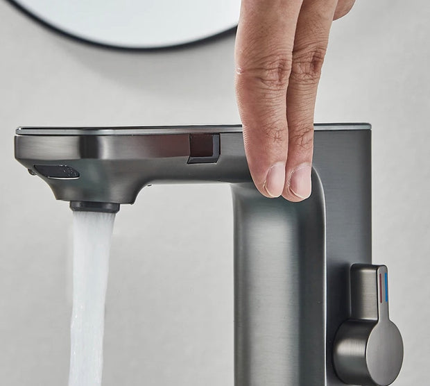 Washbasin Tap - Sensor control - Brushed gray - Digital LCD display - Cold and hot water - Mixer tap