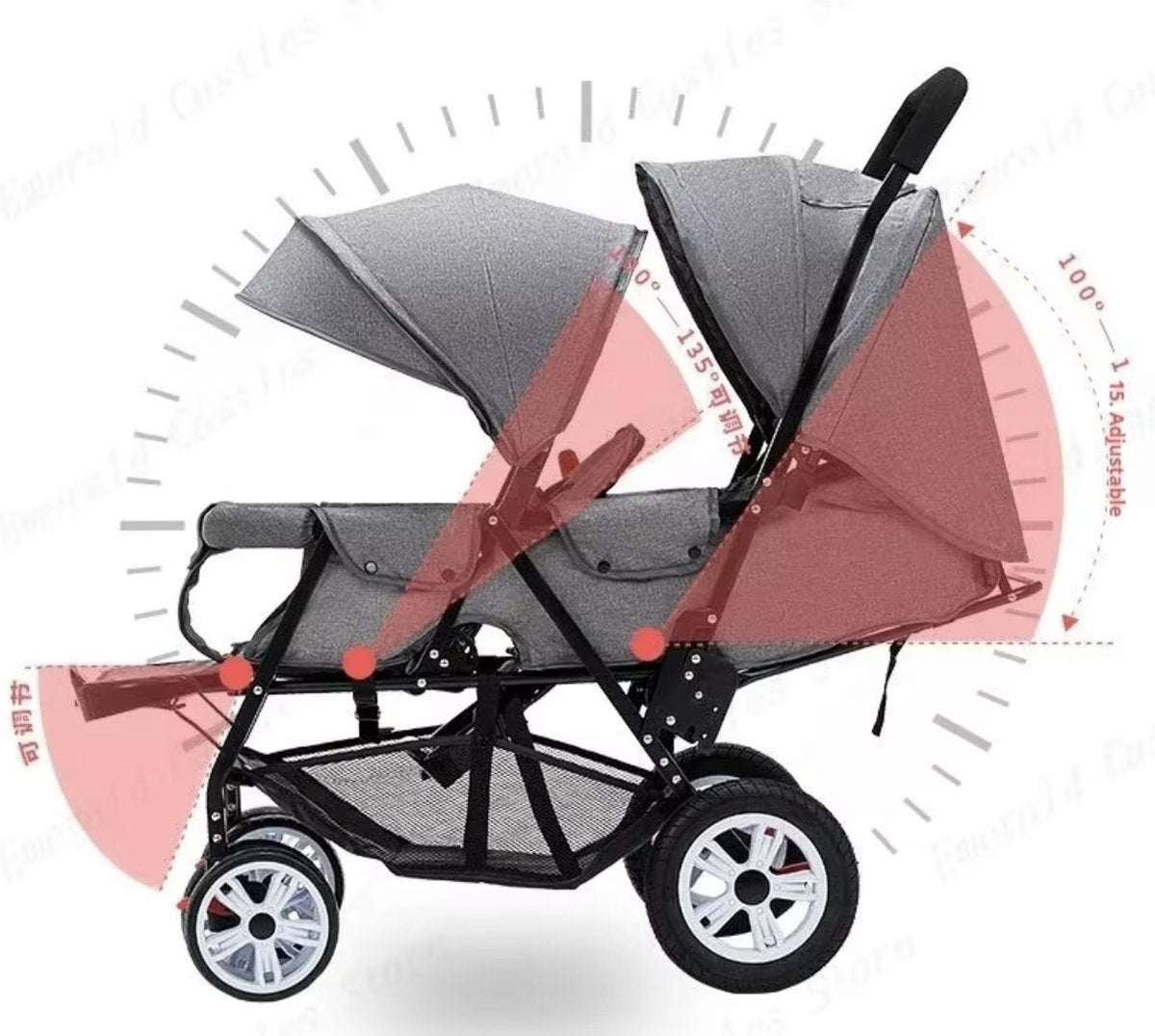 Duo stroller - Duo buggy - Twin stroller - Double stroller - Foldable - With rain cover - Black