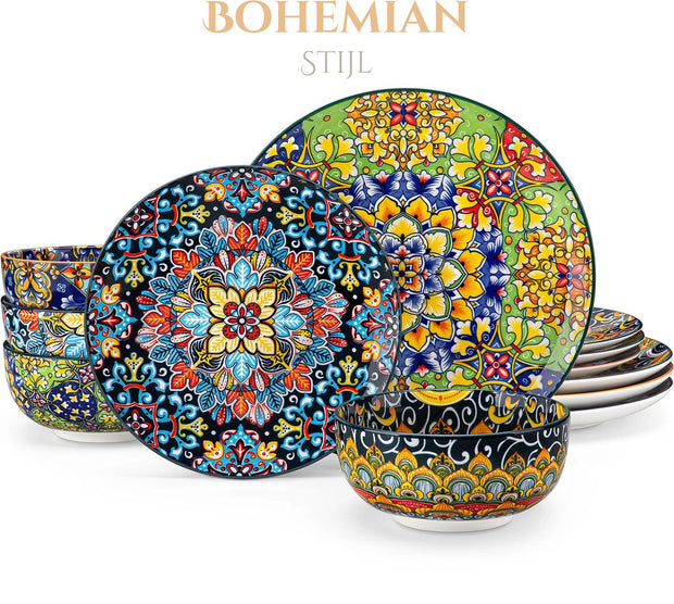 Vancasso - Serviesgoed - Keramisch - Bohemian Stijl - Diner- en Dessertbord Set - Ontbijtgranen- en Pastakom - 12-delige Set
