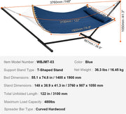 Hangmat - 2 Personen Dubbele - met Gebogen Spreidstok - T-vormige Standaard - Afneembaar Kussen en Draagbare Draagtas Draagvermogen 200 kg - 1,4x1,9m - Blauwe