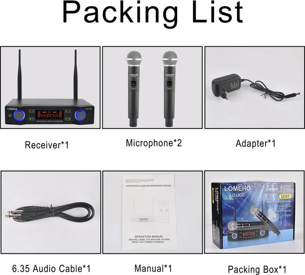 Microfoon set van 2 - Karaoke - Kinderen - Volwassenen - Verstelbare Frequentie - 625.00-655.00MHz - Tot ongeveer 30m - Power adapter - Receiver - Ontvanger - Antennes - Zwart - LCD scherm