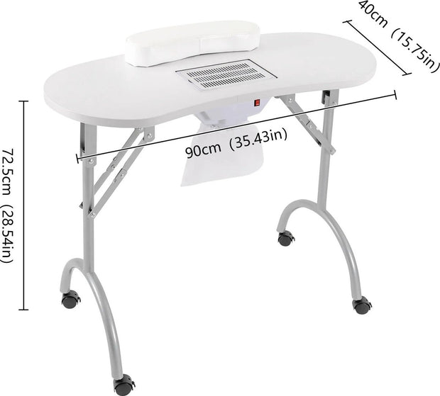 Manicure Tafel - Nageltafel Met Afzuiging - Opvouwbaar - Op Wielen - 90x40 cm - Wit - Inclusief Stofzakken en Draagtas - Nagel Stofafzuigers