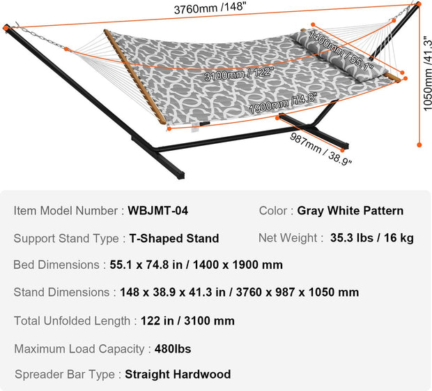Dubbele Hangmat - Draagvermogen van 218 kg - met Stalen Standaard van 3,5 meter - T-vormige Standaard - Draagbare Draagtas en Kussen - Buitenhangmat - 1,4 x 1,9 m - Grijs en Wit Patroon