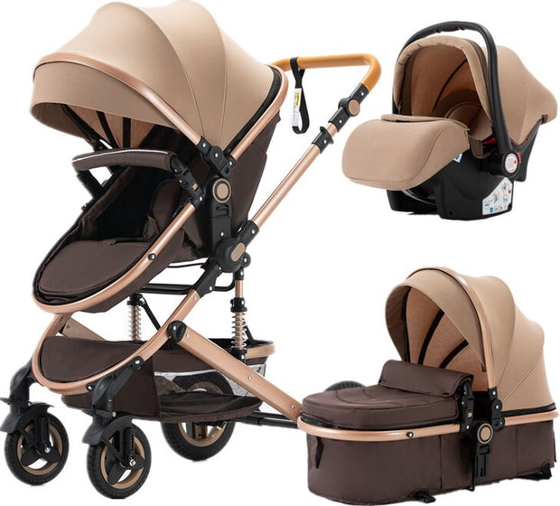Luxe 3-in-1 Kinderwagen - Wandelwagen - Autostoeltje - Buggy - Inklapbaar - Khaki/Bruin - 0-36 Maanden