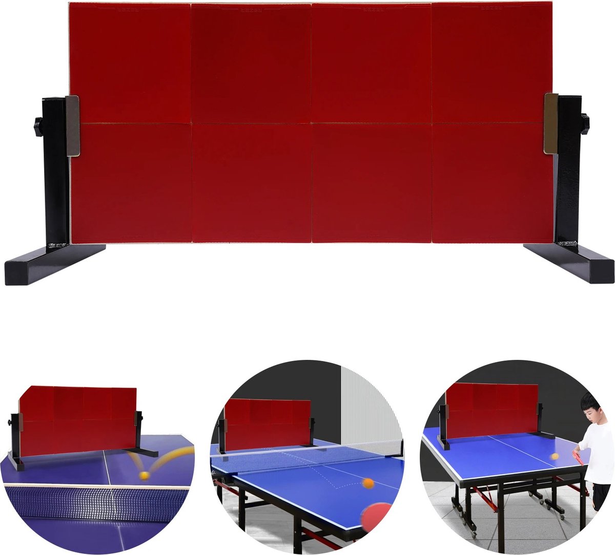 Tafeltennis Rebounder - Eenvoudig te Installeren - Tafeltennistafel Rebound Bord - Zelftrainingsapparatuur met 8 Rode Rubbers - 66 × 33 cm - Rood