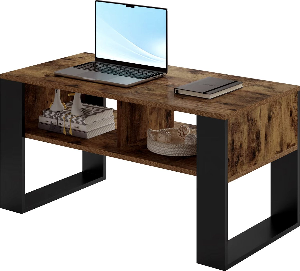 Salontafel - Rechthoek salontafel - Bijzettafel - Industrieel - 2 vakken - Hout - Melamine fineer - Rustic brown