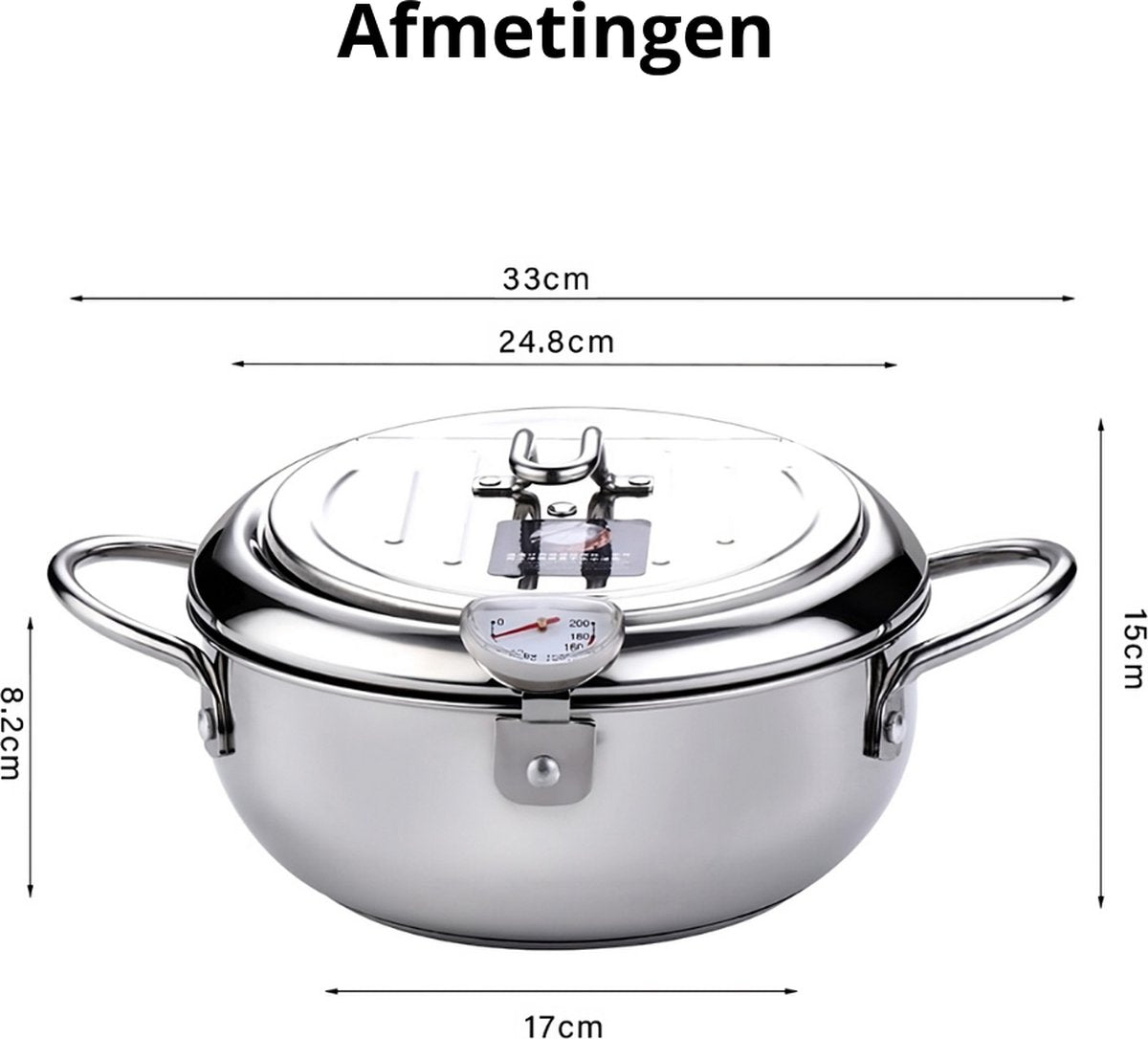 Kleine Frituurpan - Mini Friteuse - Mini Frituurpan - 2,2 Liter -Roestvrij Staal - Japanse frituurpan - met Thermometer - en Deksel Keuken Tempura Frituurpan - Kookpot