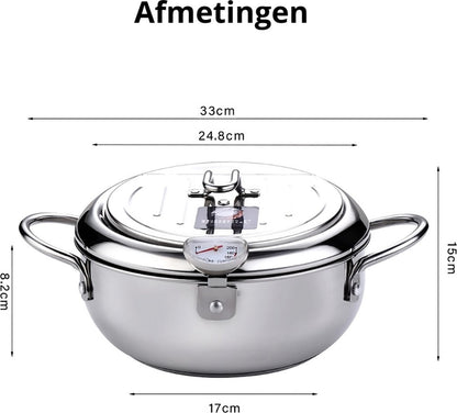 Kleine Frituurpan - Mini Friteuse - Mini Frituurpan - 2,2 Liter -Roestvrij Staal - Japanse frituurpan - met Thermometer - en Deksel Keuken Tempura Frituurpan - Kookpot