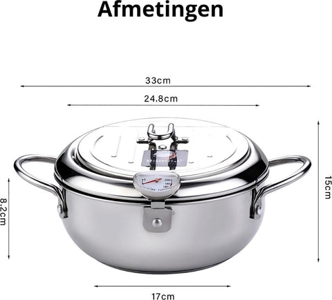 Kleine Frituurpan - Mini Friteuse - Mini Frituurpan - 2,2 Liter -Roestvrij Staal - Japanse frituurpan - met Thermometer - en Deksel Keuken Tempura Frituurpan - Kookpot