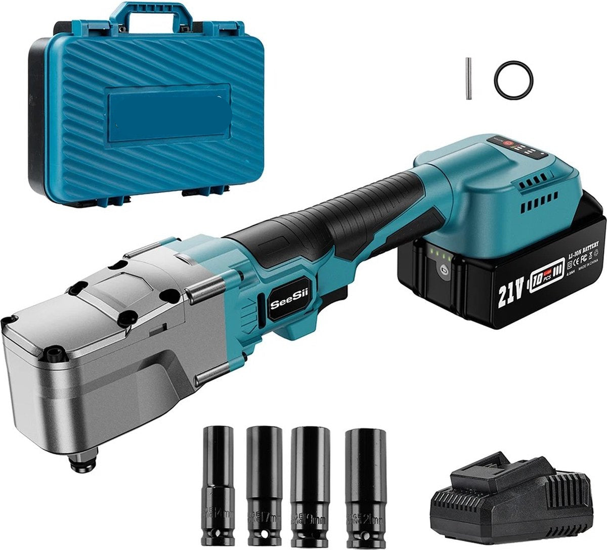 Angle Impact Wrench - 1/2" - Impact Wrench Kit - Angle Ratchet Wrench - With Case - Incl: Charger, Battery &amp; 4 Sockets -300Nm - 18V - Blue
