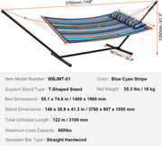 Hangmat - Voor 2-Persoons - met T-vormige Standaard - Draagvermogen 207 kg - Blauwe Cyaan Strepen - met Stalen Standaard van 3,5 meter en Draagbare Draagtas en Kussen - Hangmat voor Buiten - Terras - Tuin - 1,4 x 1,9 m