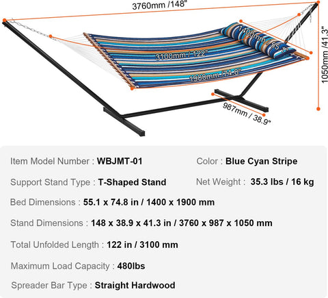 Hangmat - Voor 2-Persoons - met T-vormige Standaard - Draagvermogen 207 kg - Blauwe Cyaan Strepen - met Stalen Standaard van 3,5 meter en Draagbare Draagtas en Kussen - Hangmat voor Buiten - Terras - Tuin - 1,4 x 1,9 m