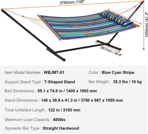 Hangmat - Voor 2-Persoons - met T-vormige Standaard - Draagvermogen 207 kg - Blauwe Cyaan Strepen - met Stalen Standaard van 3,5 meter en Draagbare Draagtas en Kussen - Hangmat voor Buiten - Terras - Tuin - 1,4 x 1,9 m