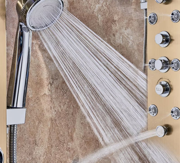 Douchekraan - Regendouche - Douchekop - Douchepaneel - 6 in 1 - Regendouche - Waterval douche - Kraan - Bidet - Massage jet - Handdouche - Waterstroom gevoed - Verlichting en LED display - Goud