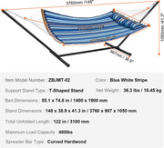 Hangmat - 2 Personen Dubbele - met Gebogen Spreidstok - T-vormige Standaard - Afneembaar Kussen - Draagbare Draagtas - Draagvermogen 200 kg - 1,4x1,9m - Blauwe en Witte Strepen