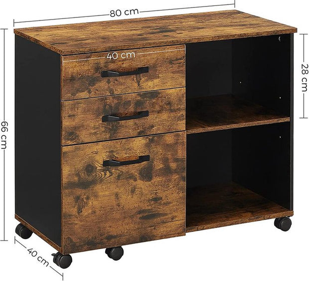 Ladeblok - Rolcontainer - Met wielen - 3 lades - Met 2 open vakken - Houtlook - Bruin zwart