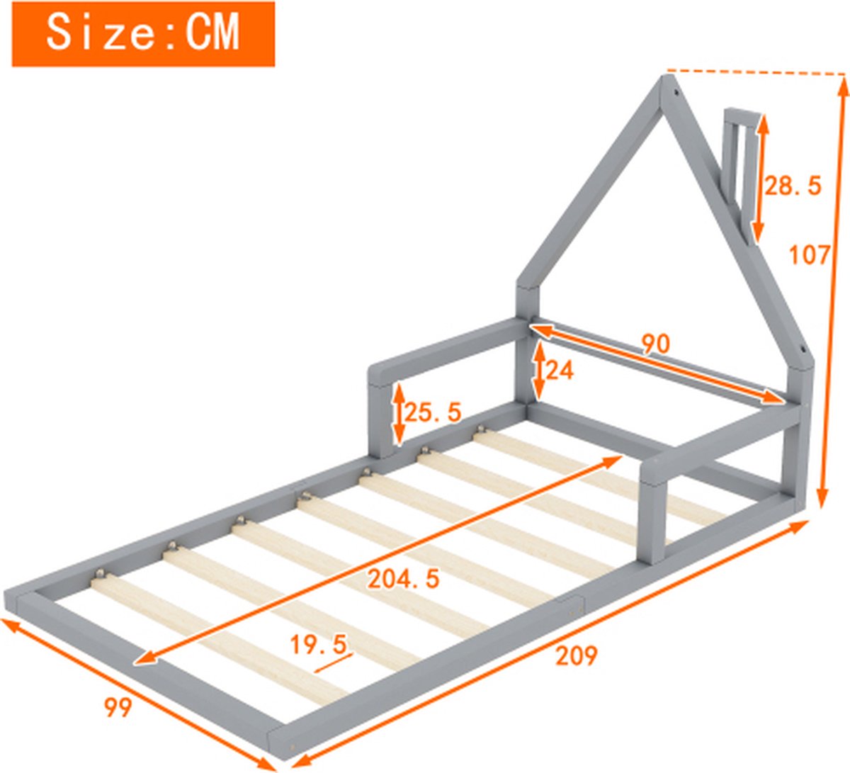 Kinderbed - Plat Bed - Huisvorm - Massief Grenen - Eenvoudige Vorm - 90*200 cm - Grijs