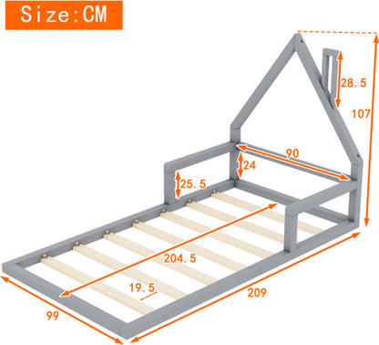 Kinderbed - Plat Bed - Huisvorm - Massief Grenen - Eenvoudige Vorm - 90*200 cm - Grijs