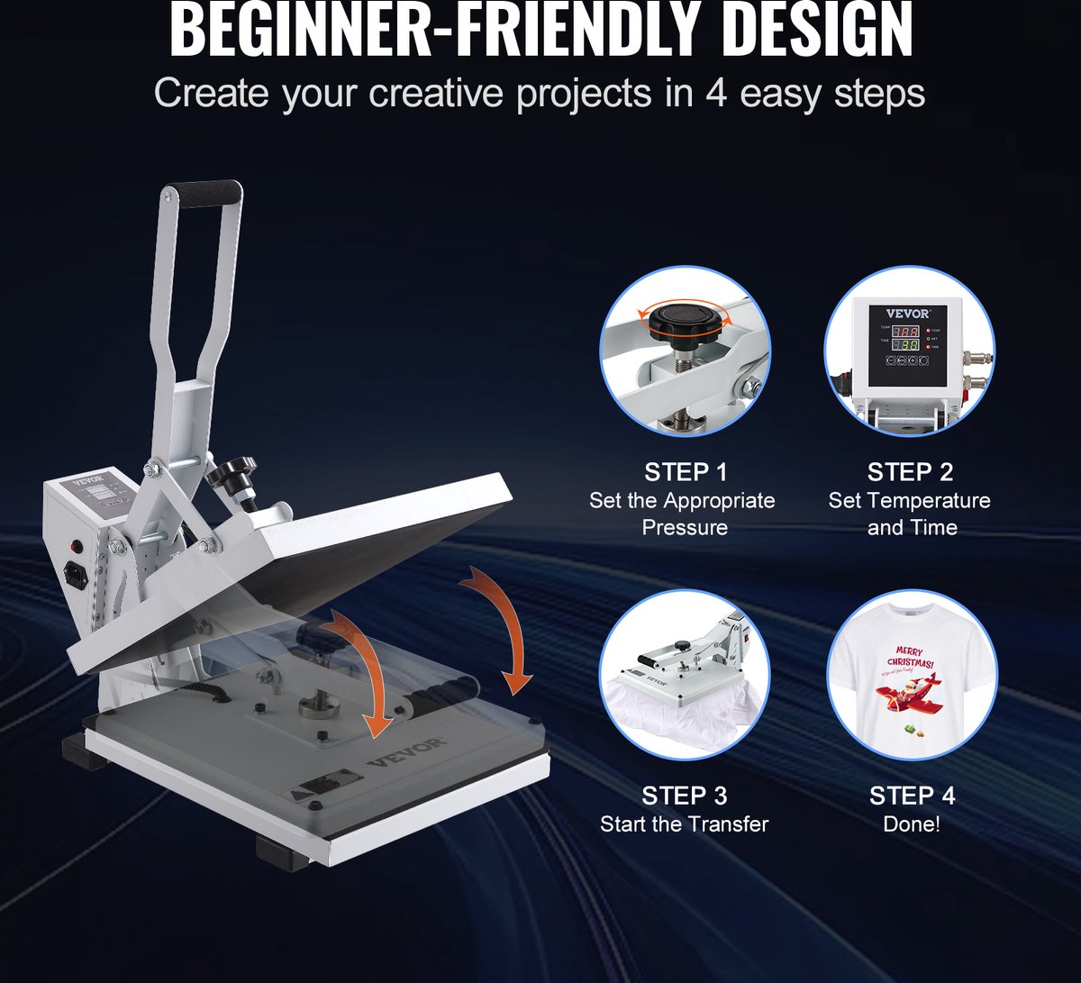 Warmte Persmachine Transferpers - Hittepers Met 38 x 38 cm Hitteplaat - Digitale Praktische Controller - Duurzaam en Betrouwbaar Handvat - Voor Het Aanbrengen Van Letters - Cijfers En Patronen Op Petten, T-Shirts, Kopjes, Borden - Wit - QUORE