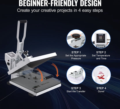 Warmte Persmachine Transferpers - Hittepers Met 38 x 38 cm Hitteplaat - Digitale Praktische Controller - Duurzaam en Betrouwbaar Handvat - Voor Het Aanbrengen Van Letters - Cijfers En Patronen Op Petten, T-Shirts, Kopjes, Borden - Wit - QUORE