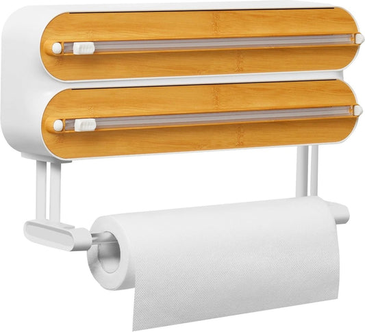 Keukenrolhouder voor Muur - Verbeterde Foliedispenser - Magnetische Vershoudfolie Dispenser - 3-Way Foliesnijder - met Scherpe Snijder - Vershoudfoliesnijder met Keukenrolhouder - Wit