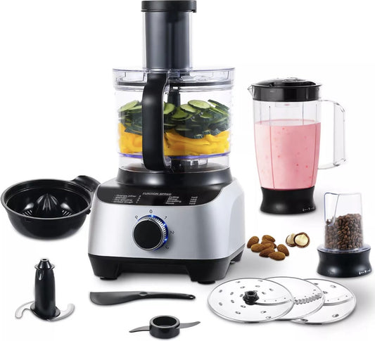 Keukenmachine - Alles in 1 keukenmachine - Multifunctionele keukenmachine - 11 in 1 - Blender - Citruspers - Kneden - Hakken - Malen - Mixen - 1300W - Zilvergrijs - QUORE
