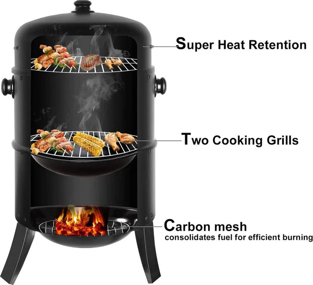 Bbq Roker - Oven - Houtskool Roker - 3 Niveaus - Inclusief Thermometer - Voor Buiten Barbecue - Zwart - 3 in 1