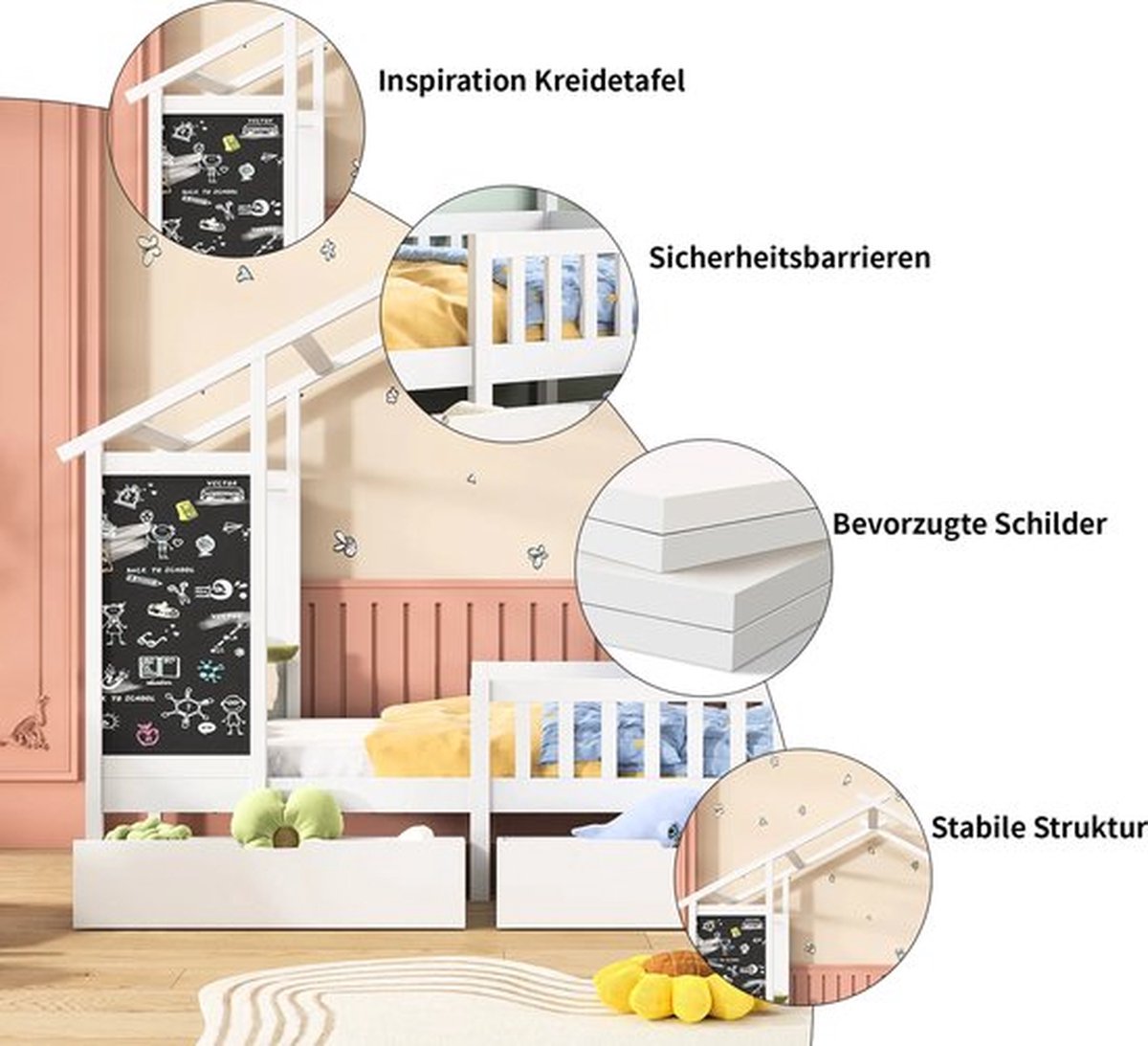 Kinderhuisbed - 90x200cm - Wit - Voor Kinderen - Speelhuis Binnen - Eenpersoonsbed - Kinderbed