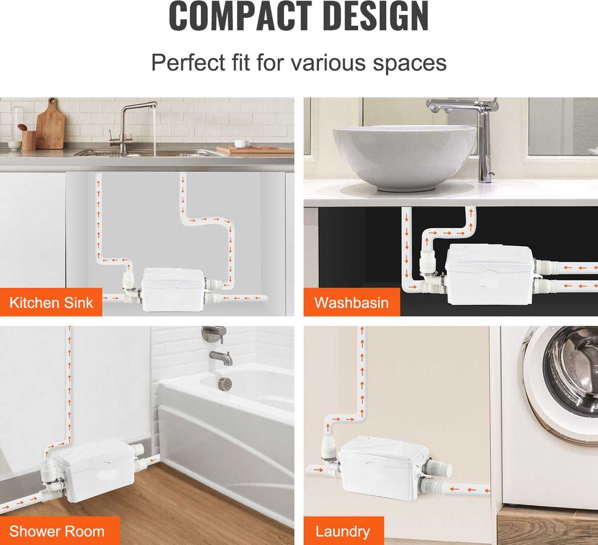 Afvalwaterpomp – 350W – 6000 L/U Debiet – 7M Opvoerhoogte – Hittebestendig en Antimicrobieel – Met 3 Waterinlaten voor Kelder - Keuken - Gootsteen - Douche en Badkuip