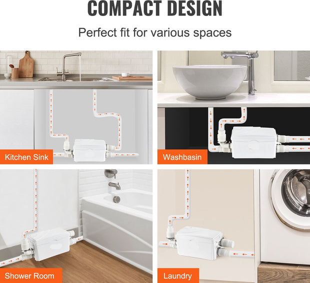 Afvalwaterpomp – 350W – 6000 L/U Debiet – 7M Opvoerhoogte – Hittebestendig en Antimicrobieel – Met 3 Waterinlaten voor Kelder - Keuken - Gootsteen - Douche en Badkuip